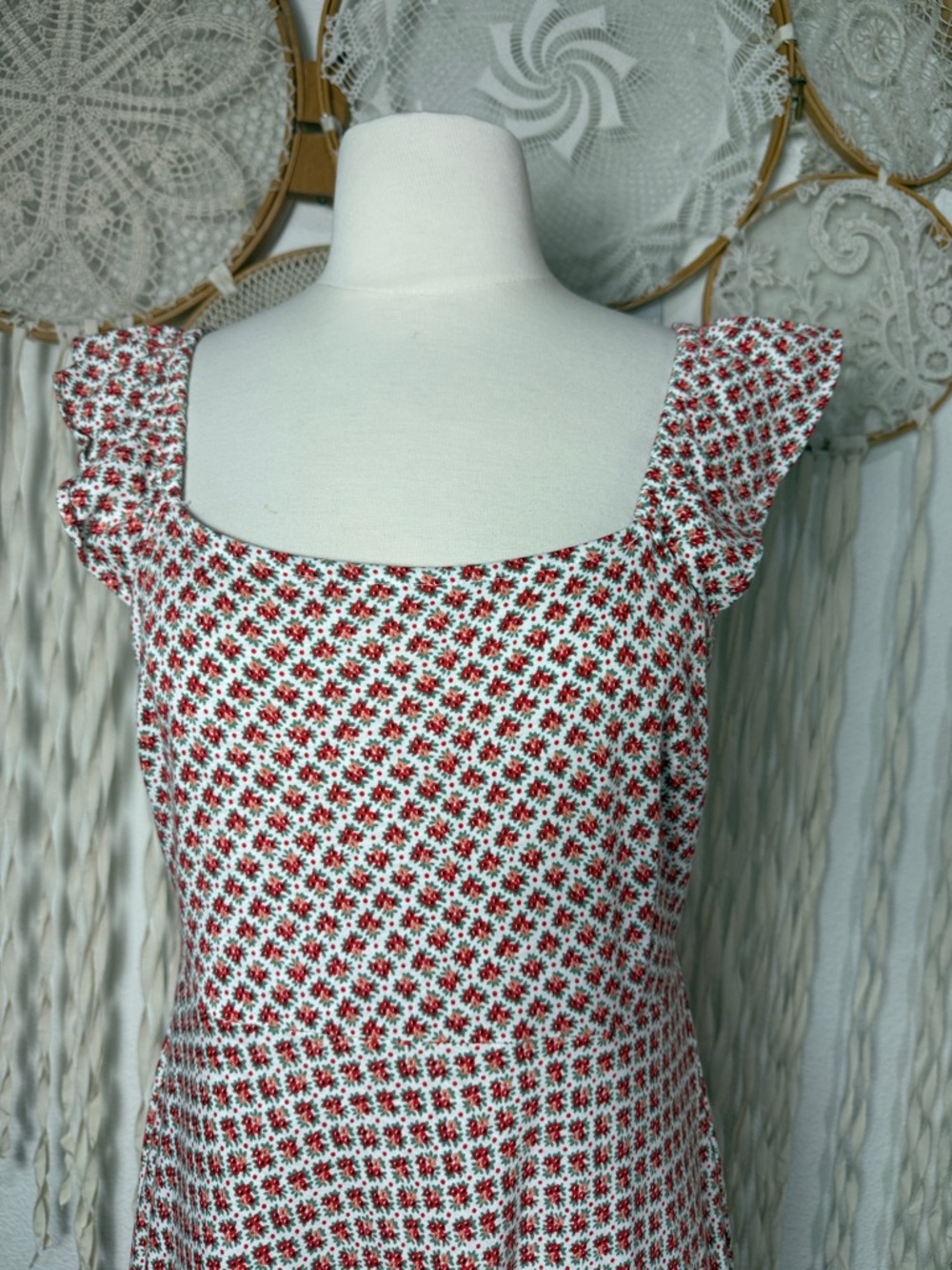 Boden Frill Detail Jersey Midi Dress Red Orange Mini Floral Print Flutter Sleeve - Picture 3 of 14